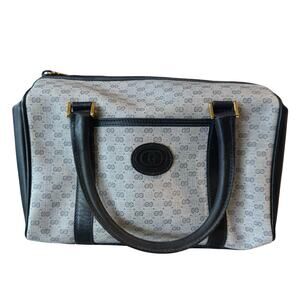 Vintage Gucci Boston Bag Doctor Satchel Top Handle Fabric Leather Navy